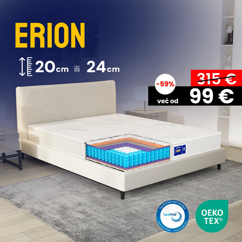 Ergorest Erion madrac 200x200 s presjekom slojeva, u sobi s okolinom.